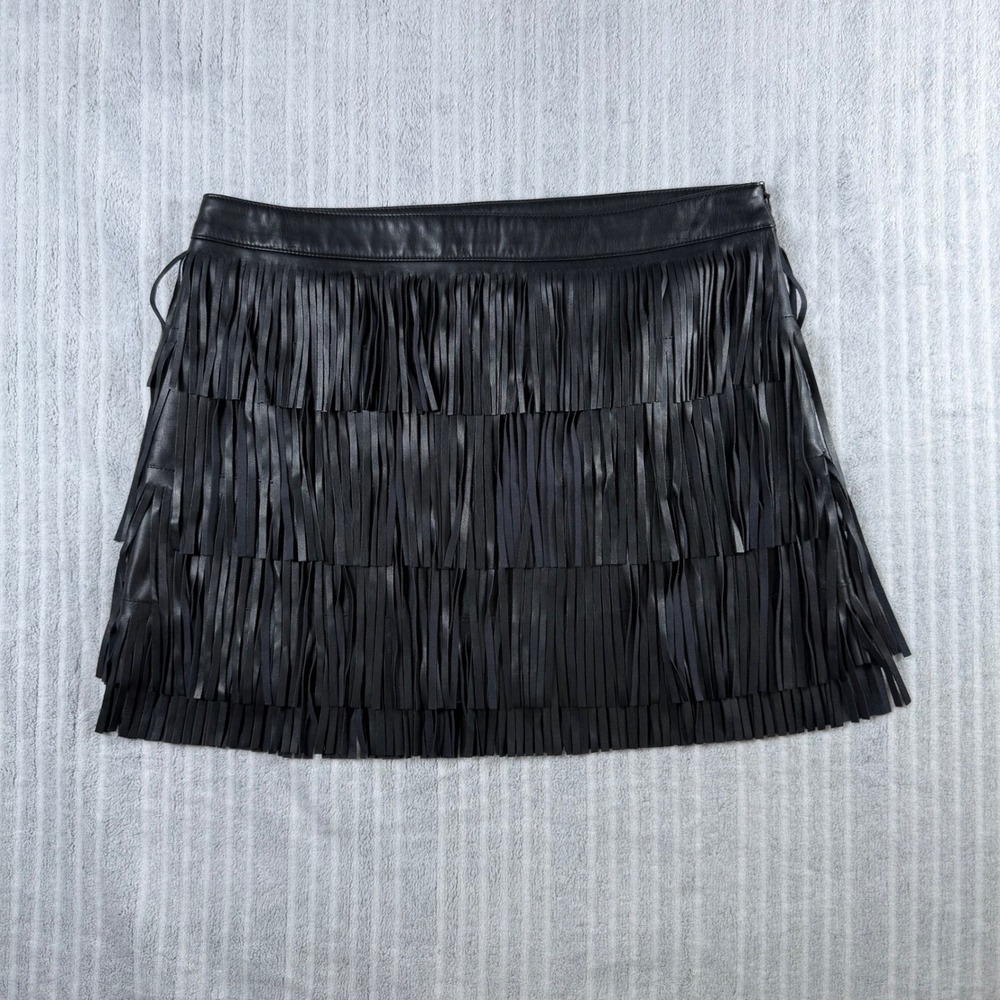 Steve Madden Faux Leather Fringe Mini Skirt Womens 8 Black Western Boho Edgy